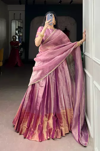 Festive Wear Pink Zari Tissue Plain Lehenga Choli Set - Full Stitched Free size