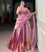 Festive Wear Pink Zari Tissue Plain Lehenga Choli Set - Full Stitched Free size