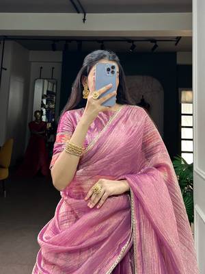 Festive Wear Pink Zari Tissue Plain Lehenga Choli Set - Full Stitched Free size 2