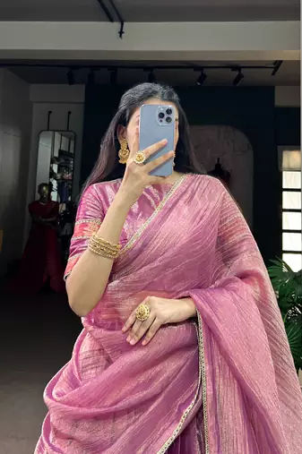 Festive Wear Pink Zari Tissue Plain Lehenga Choli Set - Full Stitched Free size