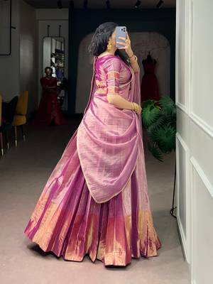 Festive Wear Pink Zari Tissue Plain Lehenga Choli Set - Full Stitched Free size 3