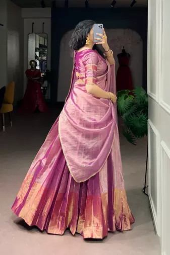 Festive Wear Pink Zari Tissue Plain Lehenga Choli Set - Full Stitched Free size