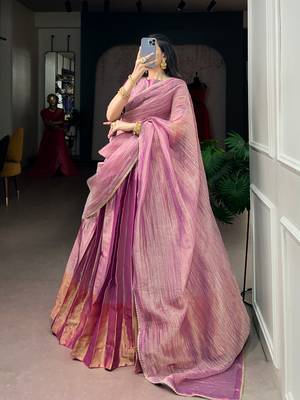 Festive Wear Pink Zari Tissue Plain Lehenga Choli Set - Full Stitched Free size 4