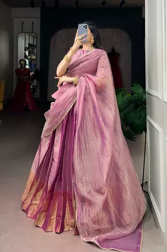 Festive Wear Pink Zari Tissue Plain Lehenga Choli Set - Full Stitched Free size