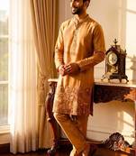 Cognac linen kurta pant set with embroidery & handwork