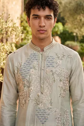 Cream tissue kurta pant set with embroidery and sequence work