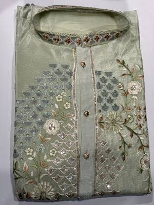 Cream tissue kurta pant set with embroidery and sequence work 3