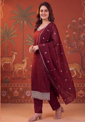 Maroon silk blend embroidered churidar set 1