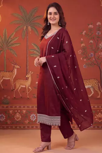 Maroon silk blend embroidered churidar set