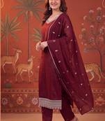 Maroon silk blend embroidered churidar set