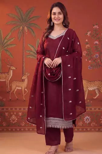 Maroon silk blend embroidered churidar set