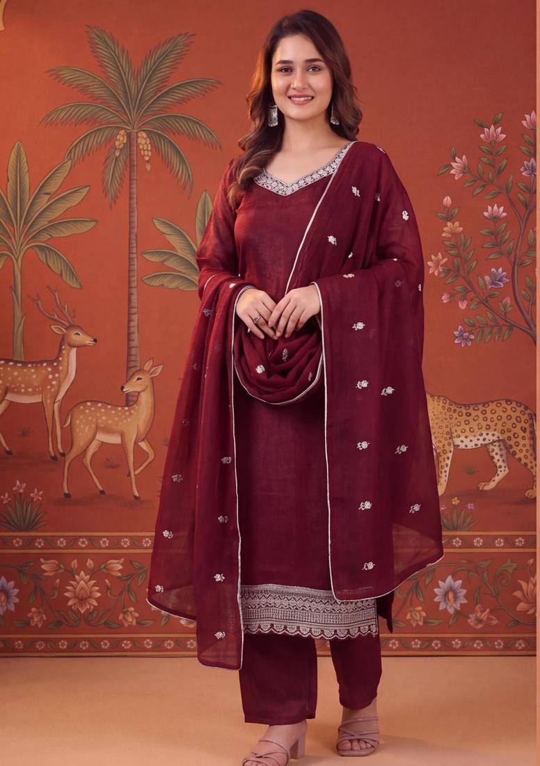 Maroon silk blend embroidered churidar set