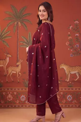 Maroon silk blend embroidered churidar set