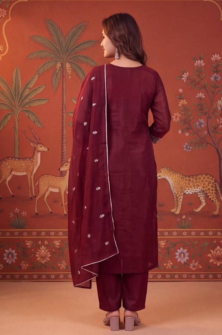Maroon silk blend embroidered churidar set