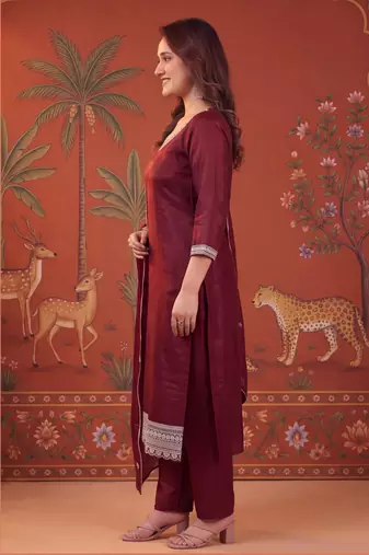 Maroon silk blend embroidered churidar set