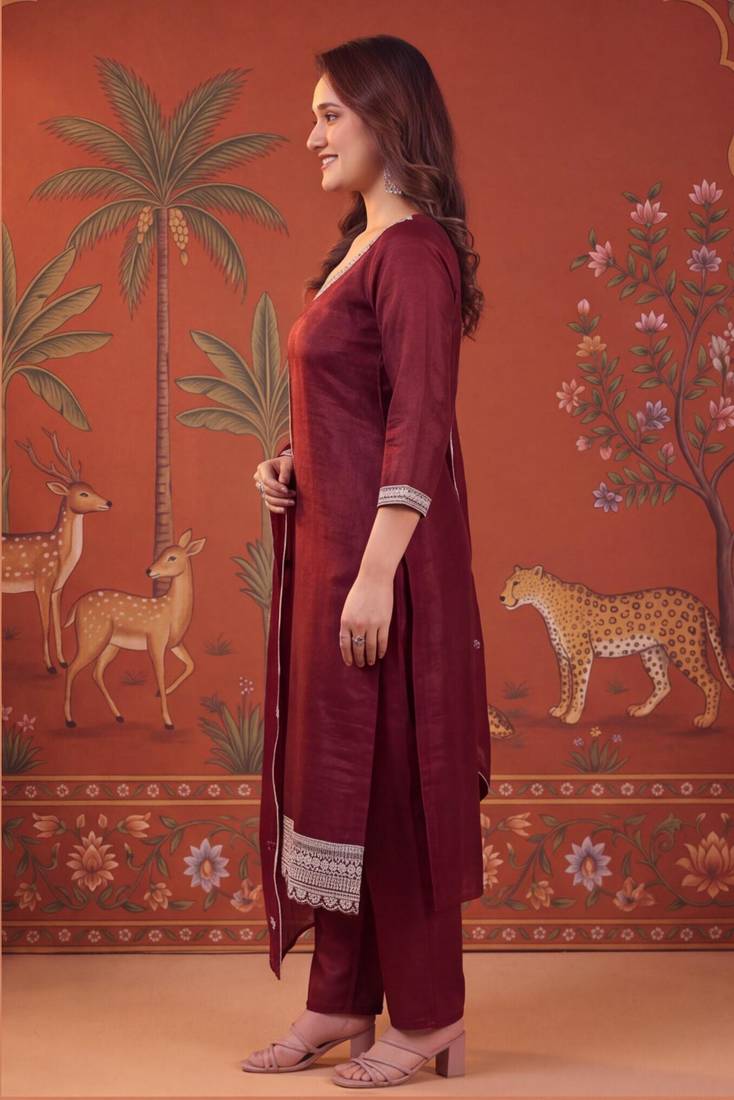 Maroon silk blend embroidered churidar set