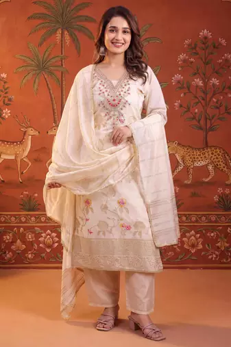 Cream silk blend embroidered churidar set