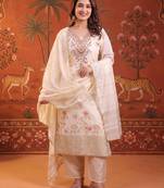 Cream silk blend embroidered churidar set