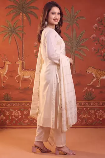 Cream silk blend embroidered churidar set
