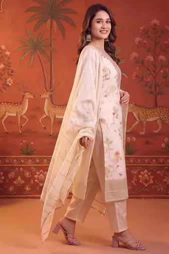 Cream silk blend embroidered churidar set