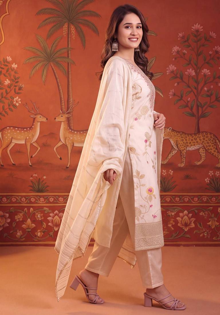 Cream silk blend embroidered churidar set