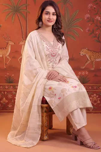 Cream silk blend embroidered churidar set
