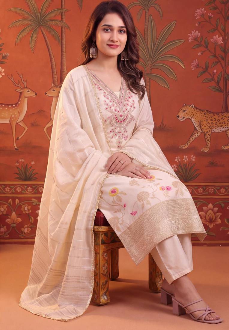 Cream silk blend embroidered churidar set