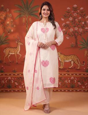 Off-white silk blend embroidered churidar set 2