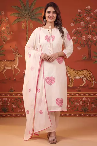 Off-white silk blend embroidered churidar set