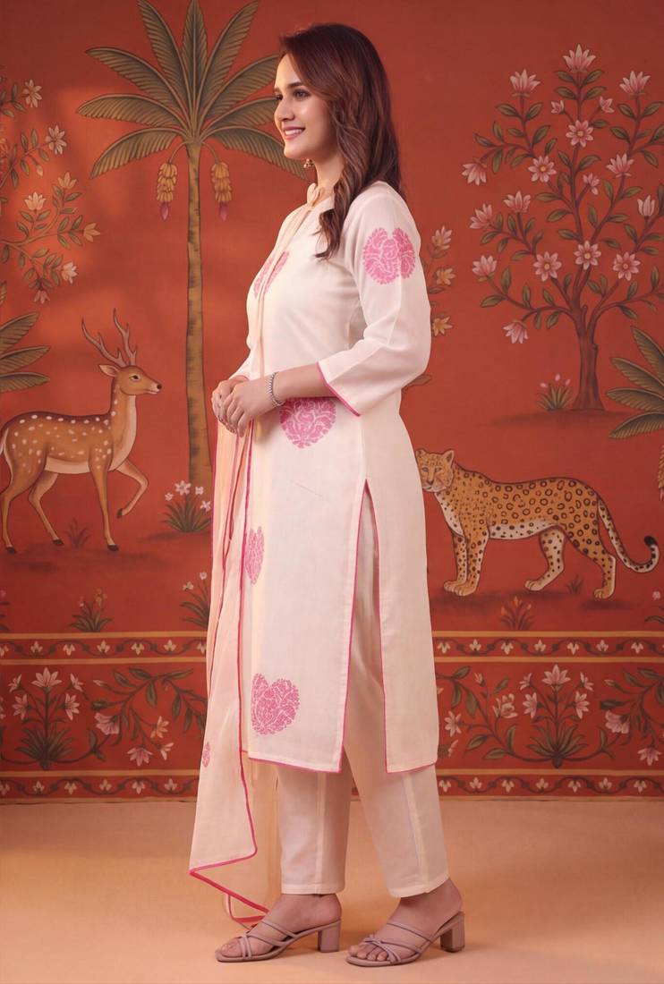 Off-white silk blend embroidered churidar set