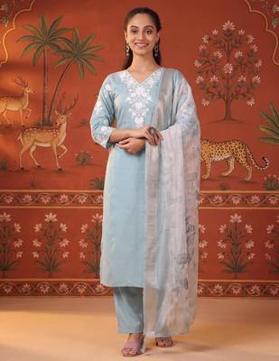 Blue silk blend embroidered churidar set 1
