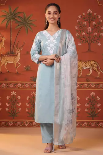Blue silk blend embroidered churidar set