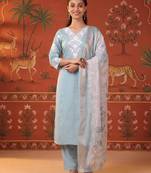 Blue silk blend embroidered churidar set