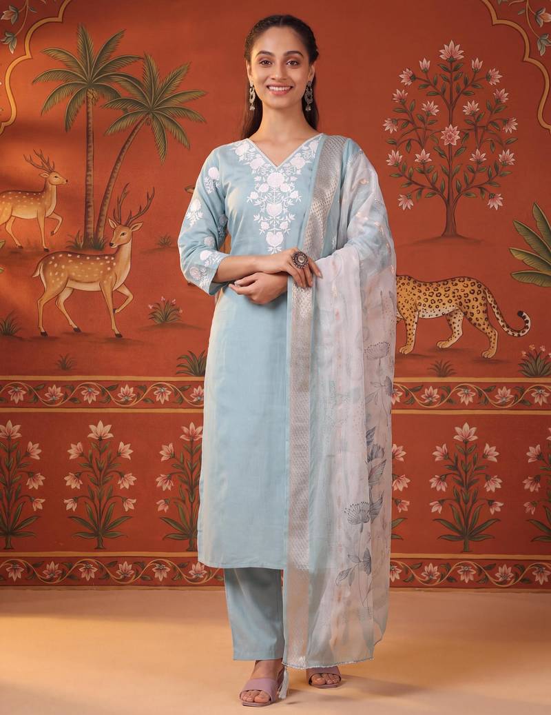Blue silk blend embroidered churidar set