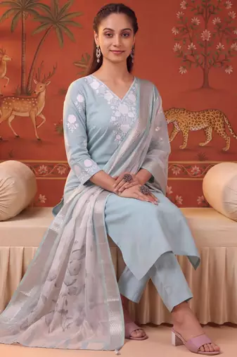 Blue silk blend embroidered churidar set