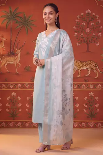 Blue silk blend embroidered churidar set