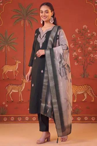 Dark-green silk blend embroidered churidar set