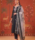 Dark-green silk blend embroidered churidar set