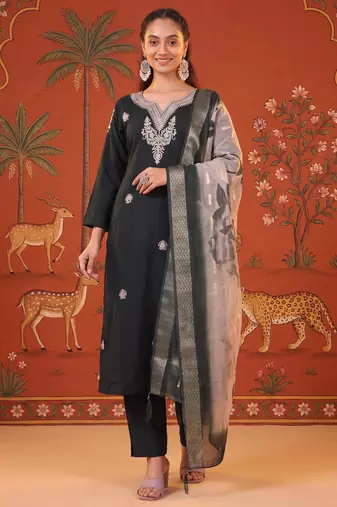 Dark-green silk blend embroidered churidar set
