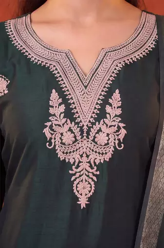 Dark-green silk blend embroidered churidar set
