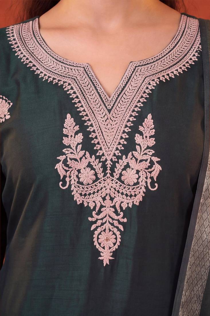 Dark-green silk blend embroidered churidar set