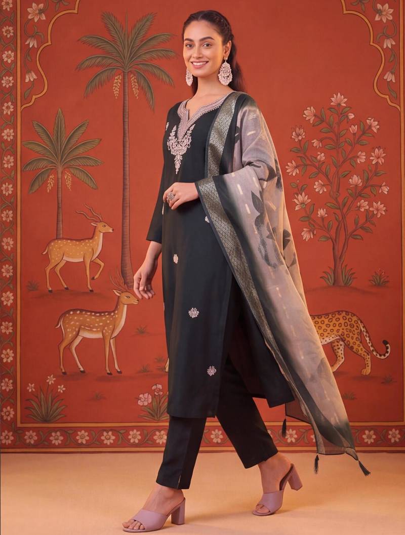 Dark-green silk blend embroidered churidar set