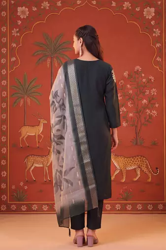 Dark-green silk blend embroidered churidar set