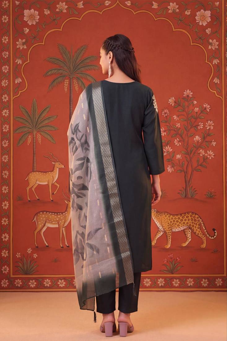 Dark-green silk blend embroidered churidar set