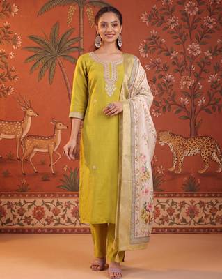 Mustard silk blend embroidered churidar set 1