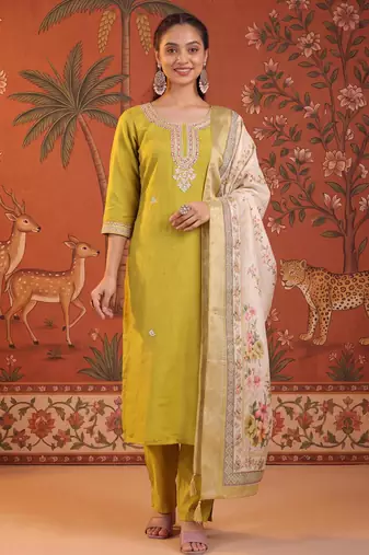 Mustard silk blend embroidered churidar set