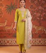 Mustard silk blend embroidered churidar set