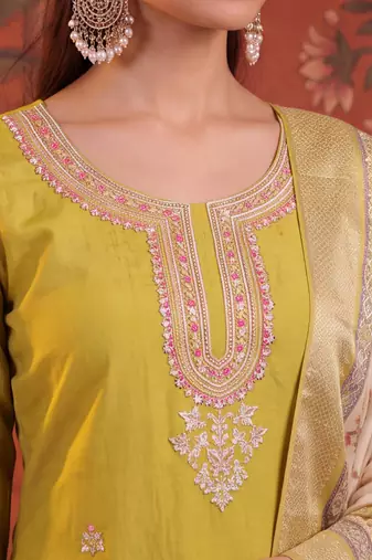 Mustard silk blend embroidered churidar set