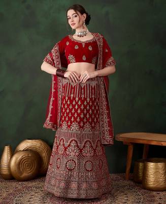 red velvet embroidered traditional lehenga-choli 1