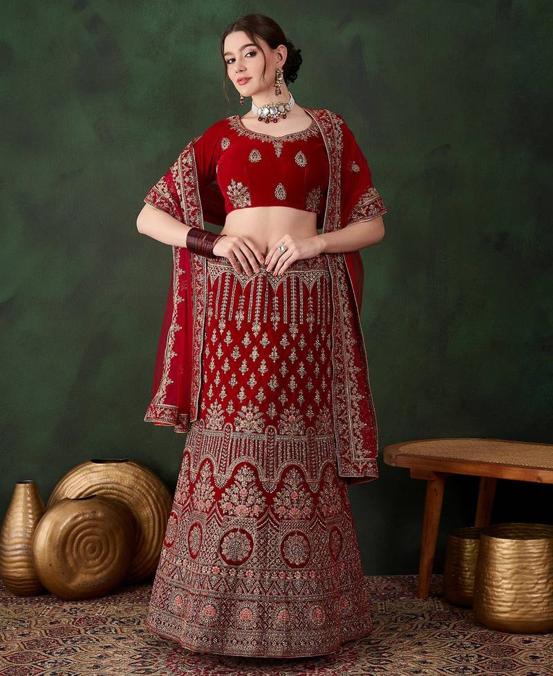red velvet embroidered traditional lehenga-choli